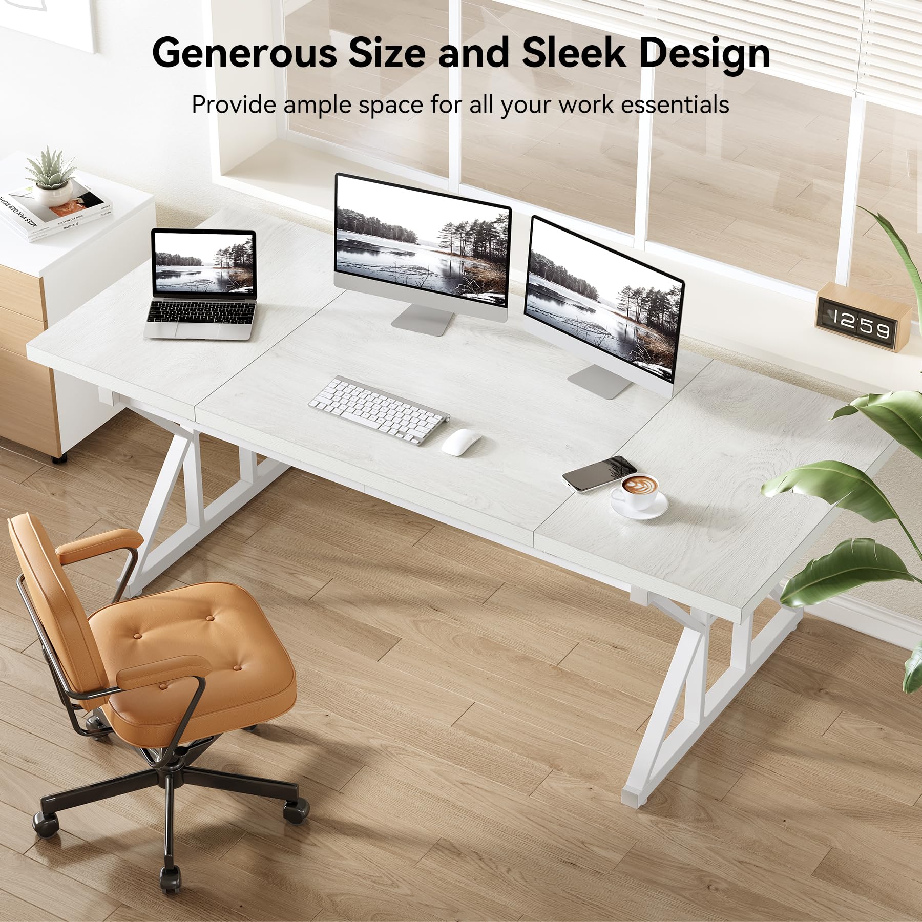 LITTLE TREE 70.8-Inch Large Executive Desk, Extra Long Computer Office Desk Workstation, Modern Simple Style Laptop Table, Sturdy Wooden Writing Workstation for Home White