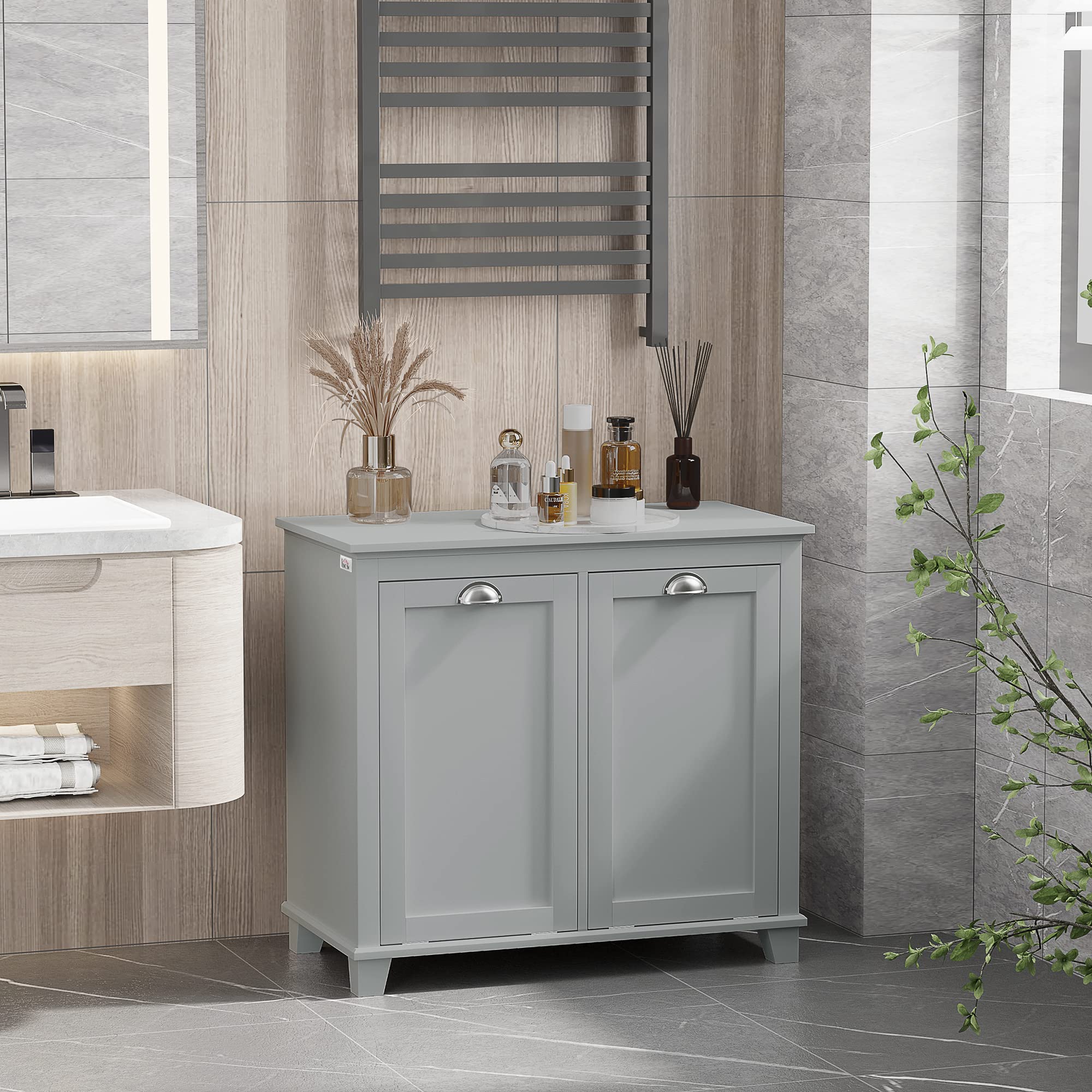 Tilt-Out Laundry Sorter Cabinet, Gray - Bathroom Floor Cabinet, Two-Compartment Hamper Organizer