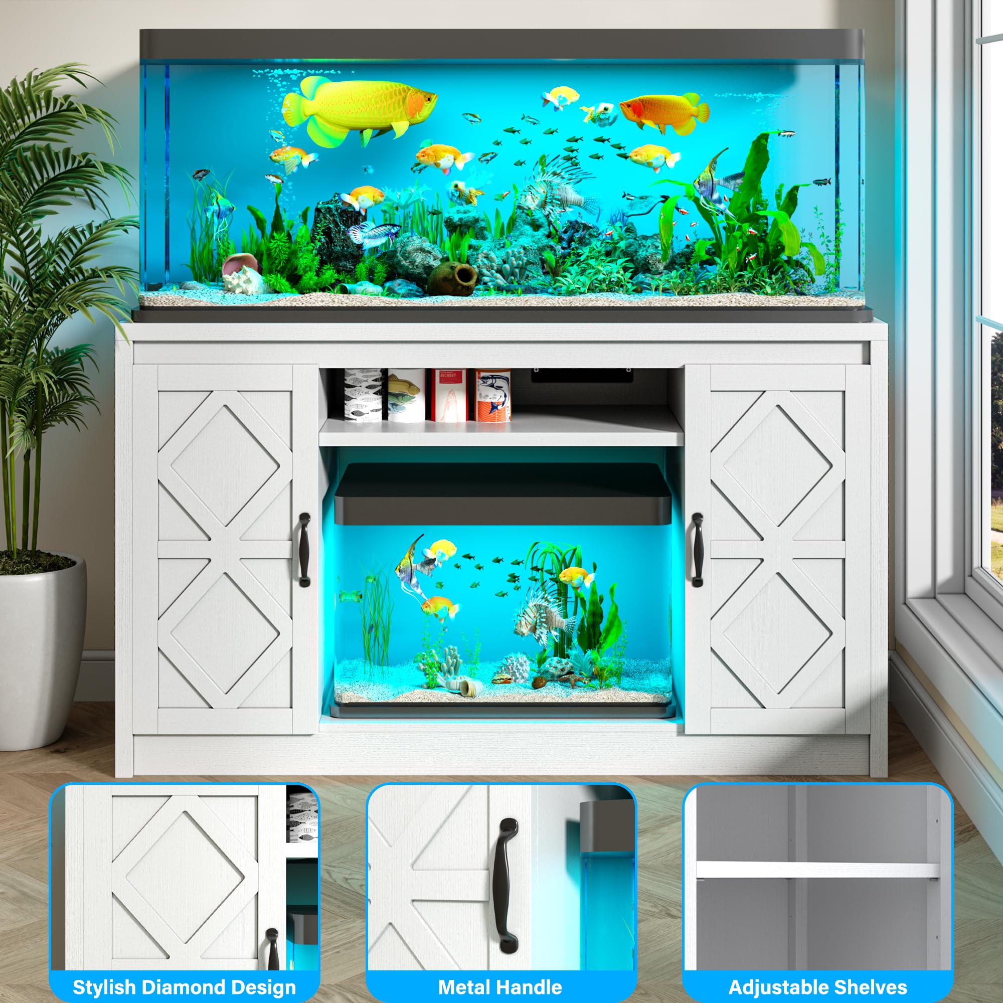 kepptory 55-75 Gallon Fish Tank Stand with Diamond Doors & Power Outlet, Heavy Duty Aquarium Stand with Cabinet Storage for Fish Tank, Turtle Tank, Reptile Terrarium (White)