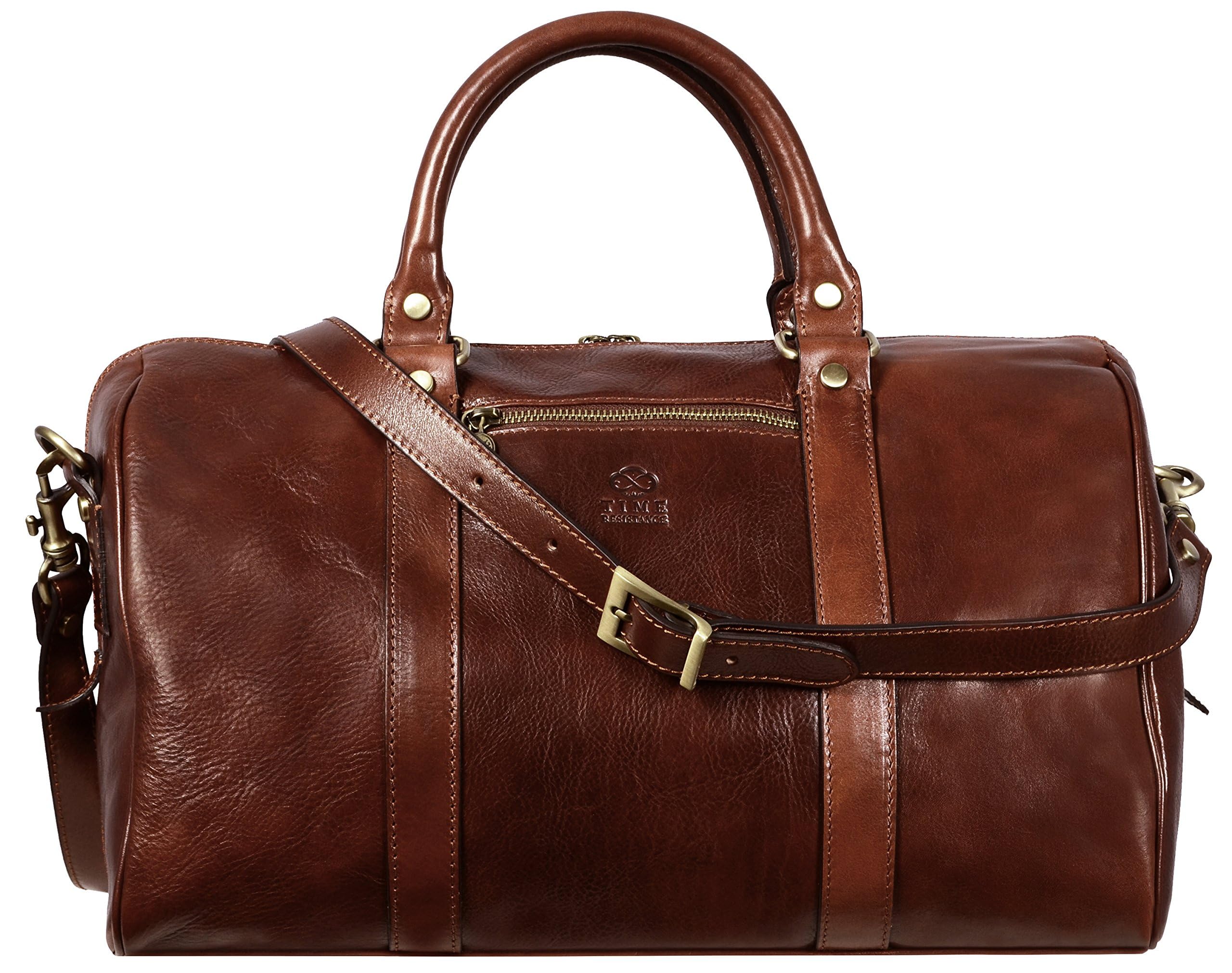 Time Resistance Full Grain Leather Small Duffel Bag - Gym Weekender Overnight Bag (Brown)