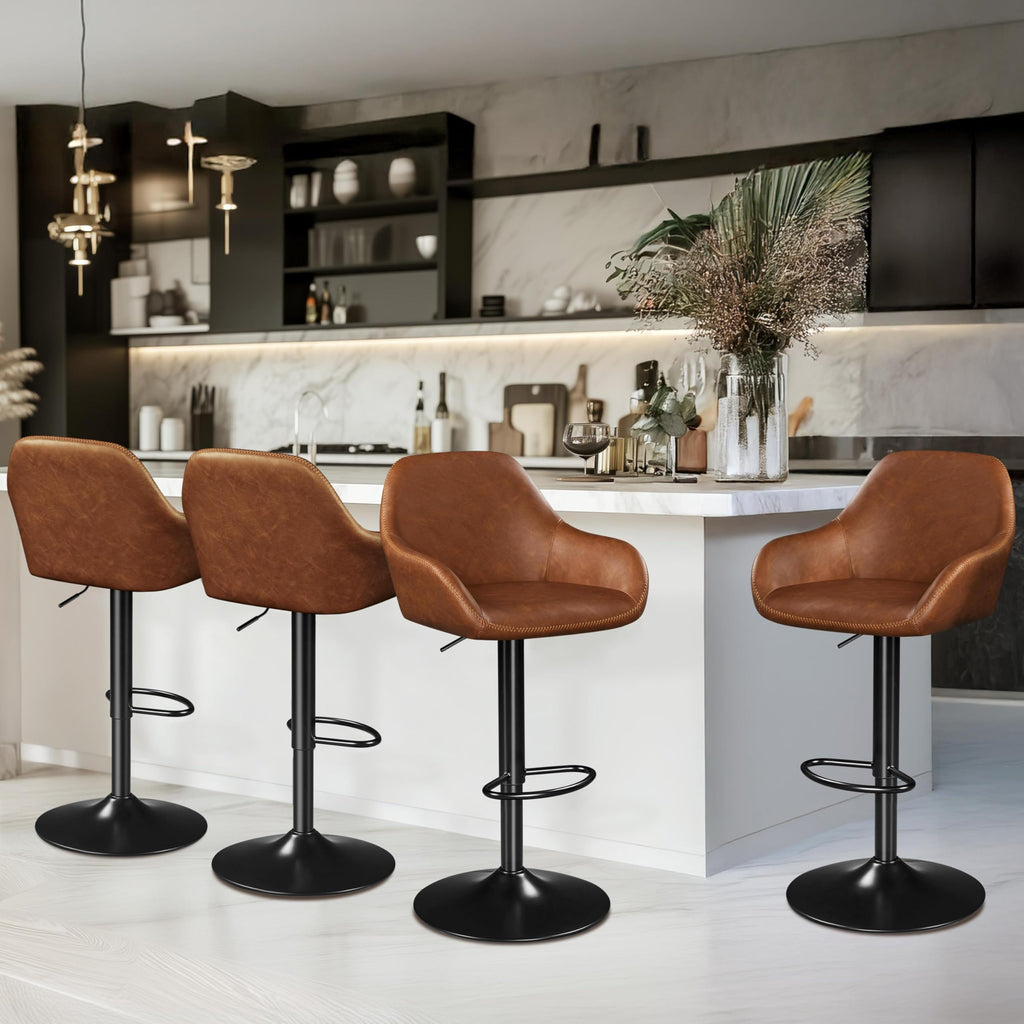 Yaheetech Bar Stools Set of 4, PU Leather Swivel Counter Height Barstools, Adjustable Bar Chairs with Backrest and Footrest, Kitchen Island Stool for Home Kitchen, Retro Brown