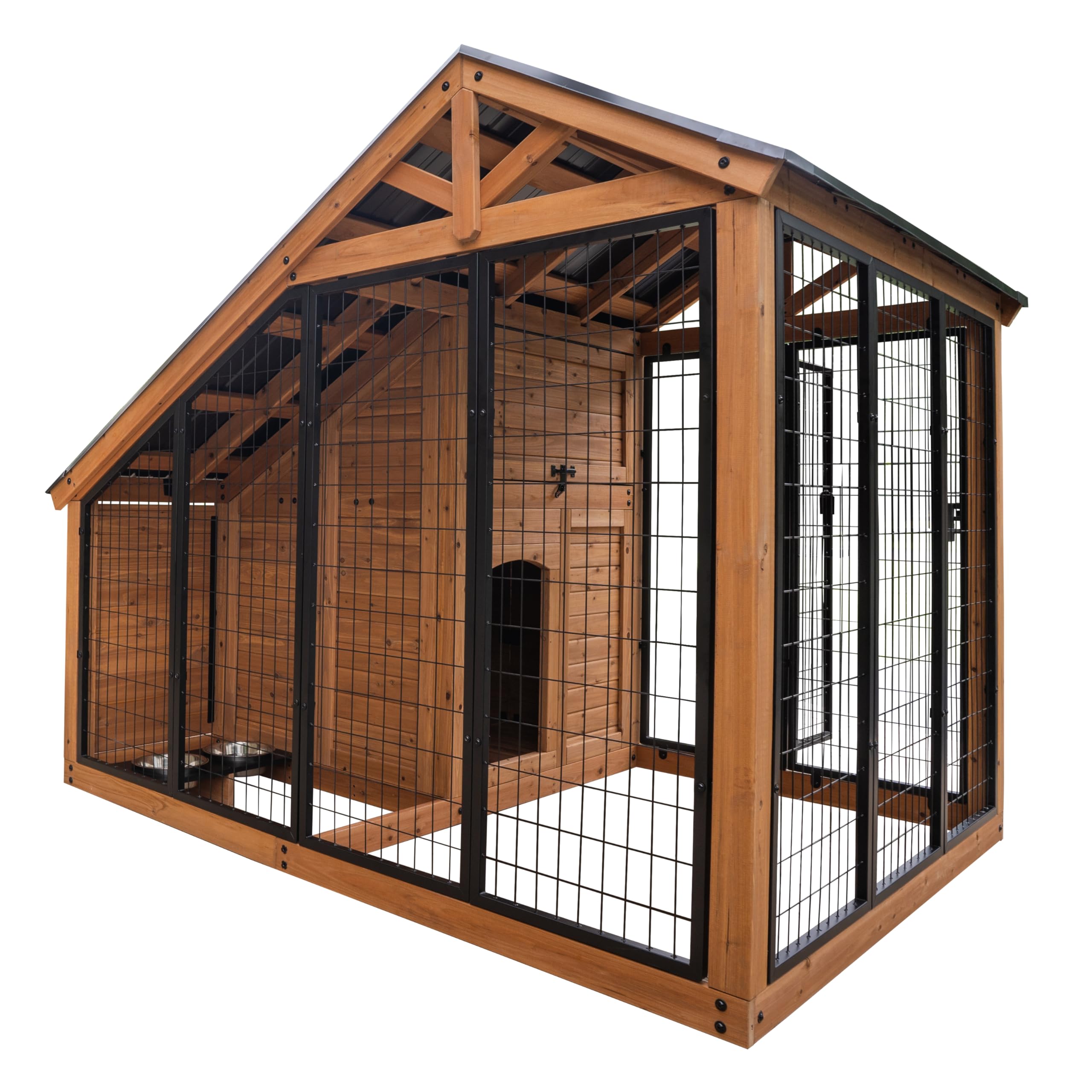 Backyard Discovery 7' x 5' Waggin' Retreat Cedar Wood Large Dog Kennel with Galvanized Steel Roof, Feeding Door, Doghouse Back Door, Water and Food Tray, Secure Lock Gate for Safe Outdoor Pet Shelter