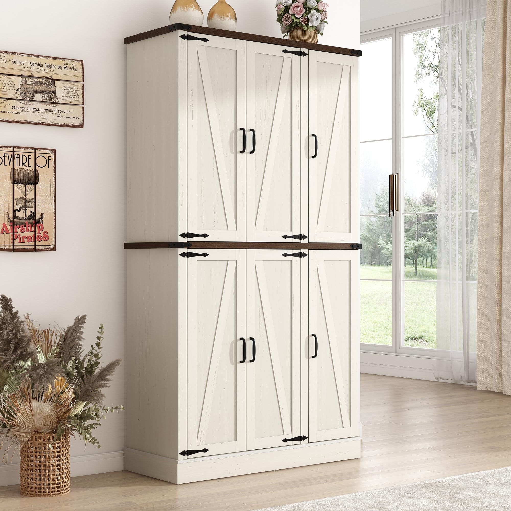 Hlivelood 71" Tall Kitchen Pantry,Farmhouse Storage Cabinet with Barn Doors,Organizer,Rustic Wood Cupboard,Farmhouse Pantry Cabinet for Kitchen,Dining Room,Living Room(Rustic White)