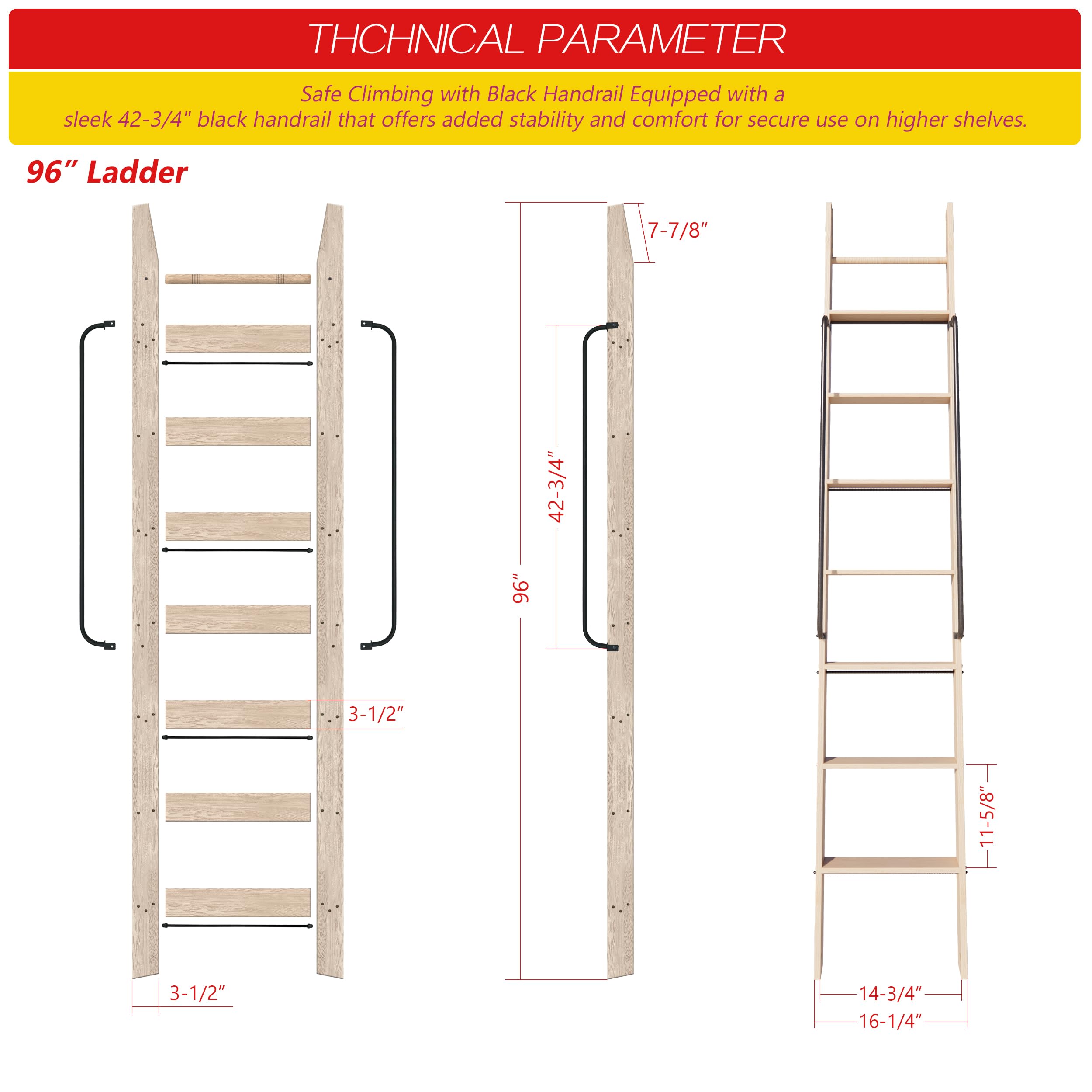 104RDHOUSE 96in Attic Rolling Library Ladder, 8 Step Wooden Ladder with,Loft Ladder Bookshelf,Wall Stairs Red Oak Stair Platform Bunkbed Ladder,for Home Kitchen,Warehouses,Bookstore,DIY Stain