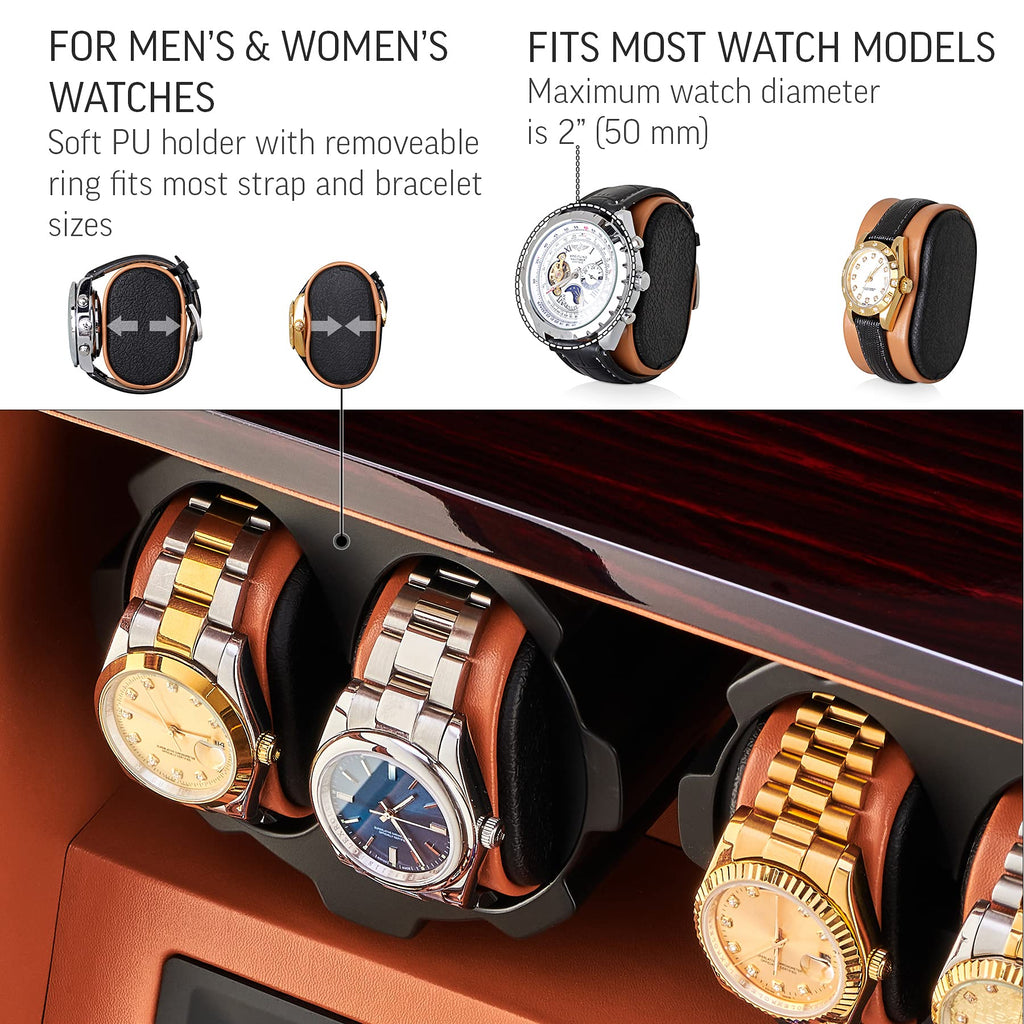 4 Watch Winder with 5 Watch Storage Space, LCD Display, Touch Control and Interior Light (Ebony + Brown)