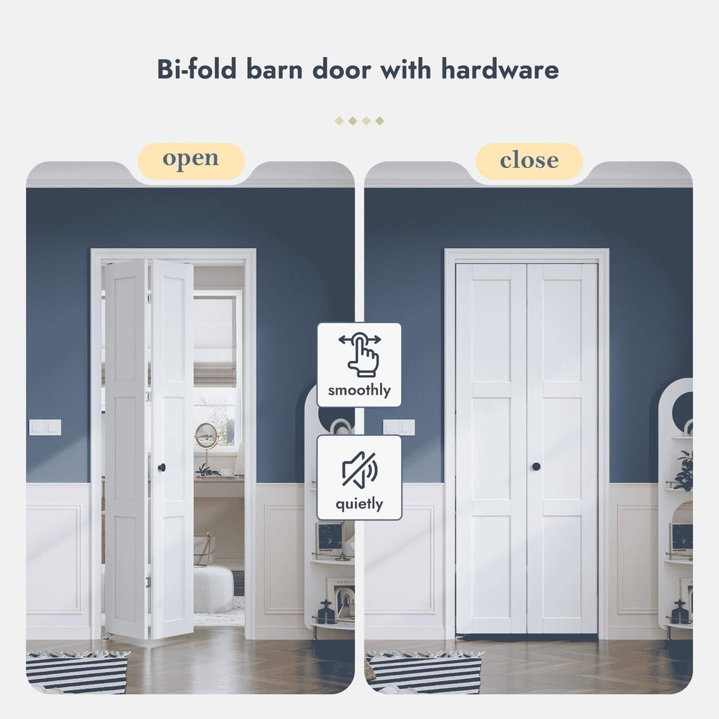 Roymelo Bifold Closet Doors for 30"×80" Opening, Sliding Folding Barn Door with Hardware Kit Included, 3-Panel, MDF Wood Panel Covered with Water-Proof Scratch-Proof PVC Surface