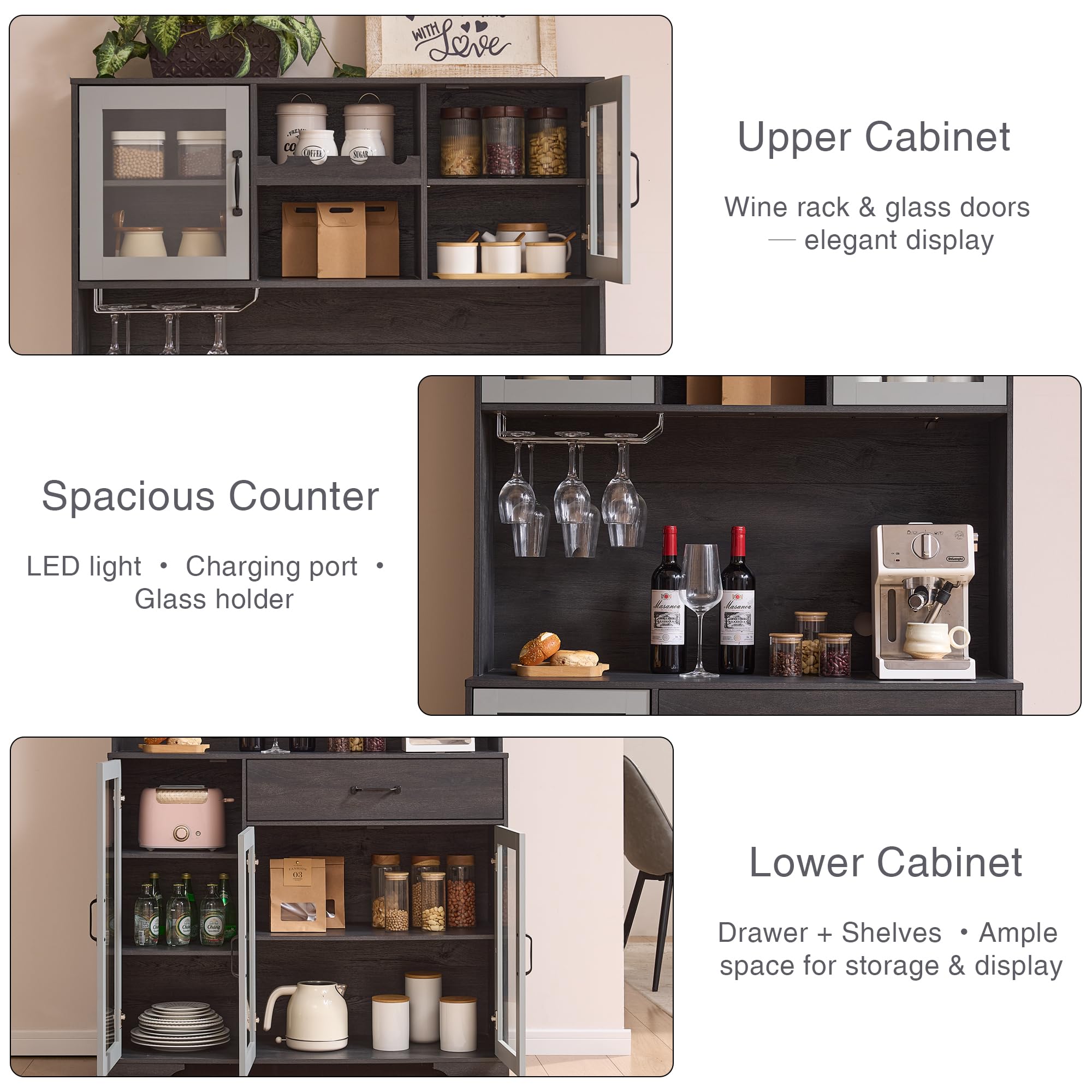 Fatmok 71" Tall Pantry Cabinet with Glass Doors, Kitchen Hutch Storage Cabinet, Coffee Bar & Liquor Cabinet with Charging Station & LED Lights, Wine Rack, Adjustable Shelves＆Large Drawer, Grey