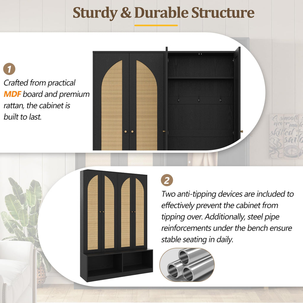 Merax Farmhouse Hall Tree with 4 Rattan Doors & Bench - 55.1" Entryway Shoe Cabinet, 6 Hooks, Adjustable Shelf, Mid-Century Storage for Living Room, Black