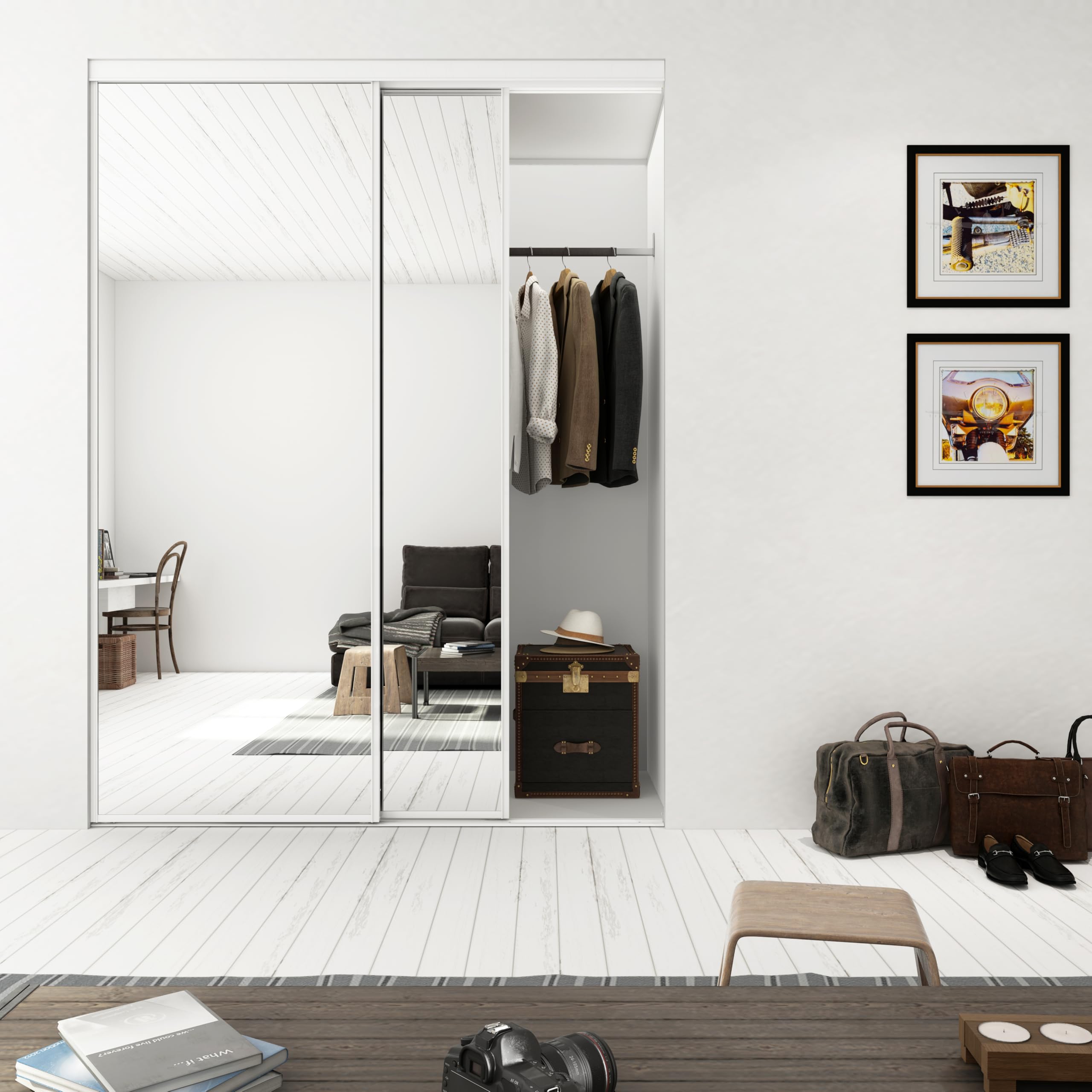 48 in. x 80 in. Mirror White Steel Frame Interior Closet Sliding Door with White Trim and Hardware Kit