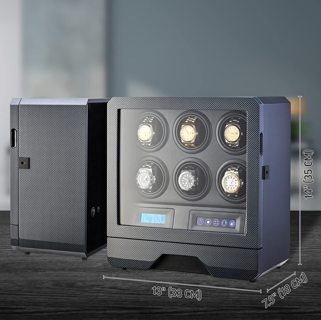 6 Watch Winder with LED Light, LCD Display and Storage Drawer (Carbon)
