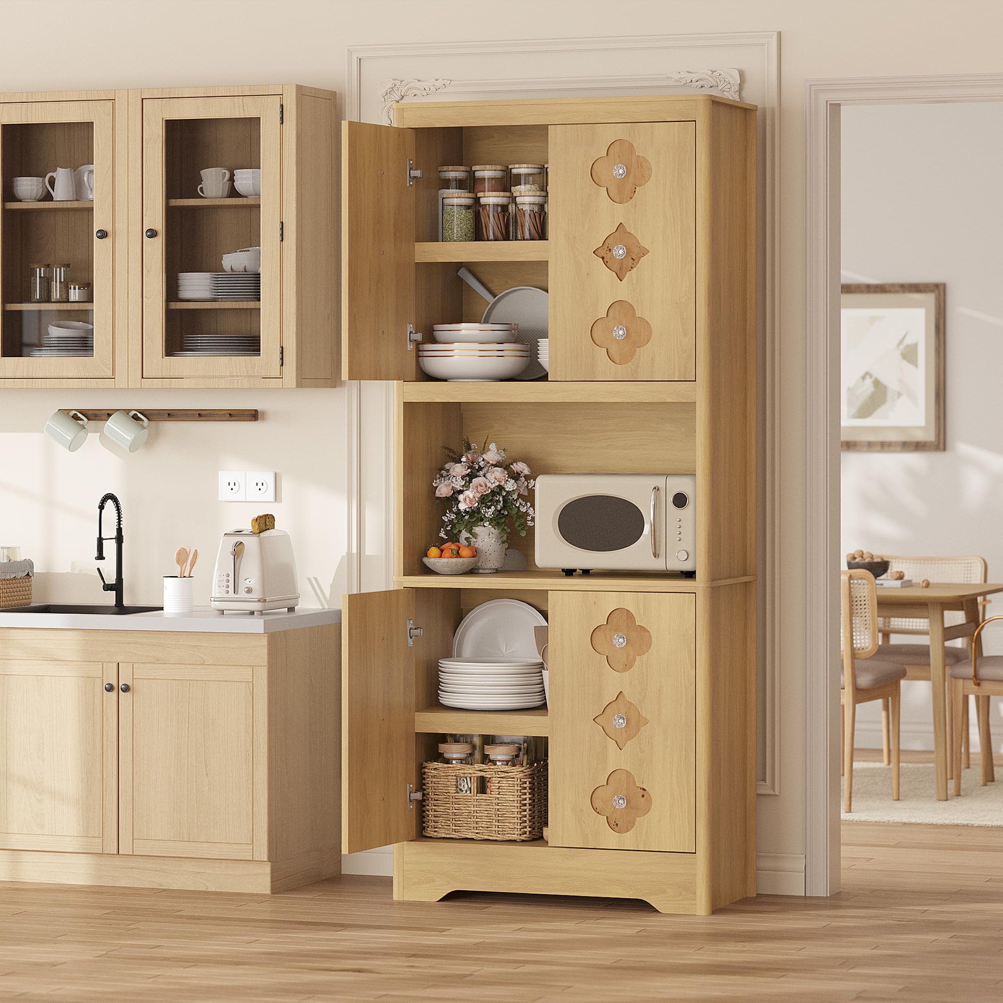GarveeHome 72" Tall Pantry Cabinet with Carved Door, Kitchen Storage Cabinet with Shelf for Microwave, Freestanding Wooden Cupboard with Crystal Handle, for Dining Living Room, Light Oak