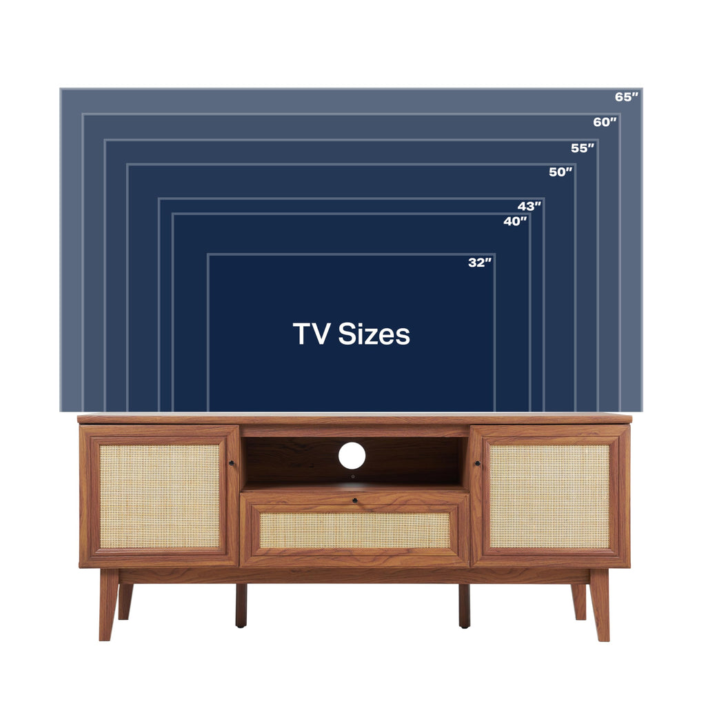 JONATHAN Y Finley 59" Mid-Century Walnut Rattan TV Stand for TVs up to 65 Inch, Wood Media Console with Woven Cane Soft-Close Doors and Drawer, Bohemian Entertainment Center for Living Room TVS1002B