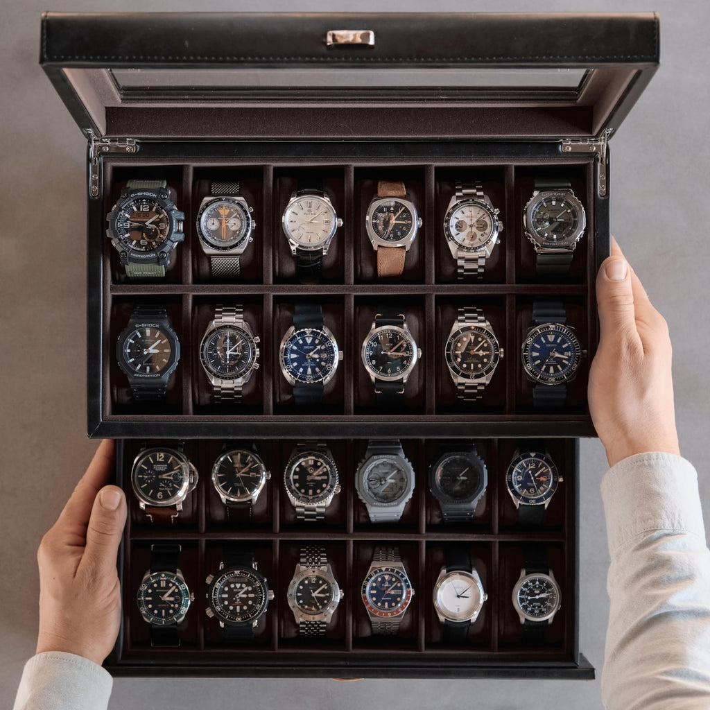TAWBURY Watch Box for Men - Extra Large 24 Slot Watch Case with Real Glass Display, Removable Drawer and 2-inch Wide Pillows for Large Watches (Black/Charcoal)