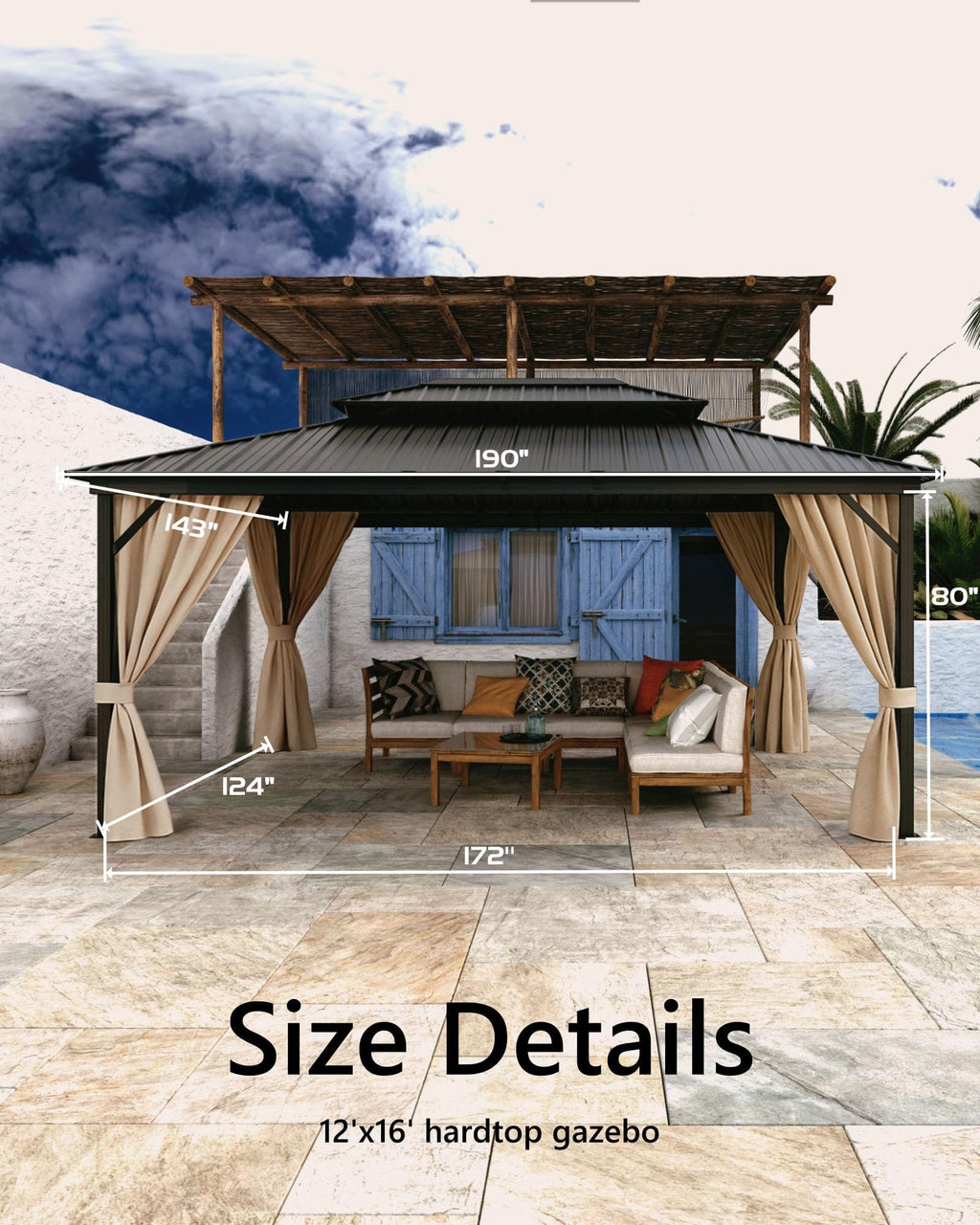 12x16 ft Hardtop Gazebo for All Weather, Double Metal Roof, Reinforced Aluminum Frame, Curtains & Netting, Permanent Outdoor Pavilion for Patio, Deck, Backyard, Lawn, Garden, Matte Black Finish