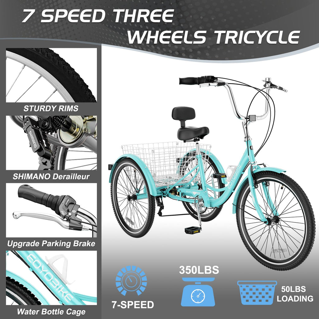 EOYOBIKE Adult Tricycle 3-Wheel Cruiser Bike, Low Step-Through Frame, Large Rear Basket, Heavy-Duty Comfort Bicycle with Adjustable Handlebar & Spring Saddle, 24/26 Inch Wheels for Seniors & Adults