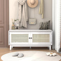 GDFStudio Boho Rattan Shoe Storage Bench with Cushion, Wooden Shoe Organizer with 2 Doors, 3-Level Adjustable Shelves, Entryway Shoes Cabinet for Hallway Bedroom Living Room, Espresso+Beige