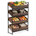 LITTLE TREE 4-Tier Extra Long Stand Basket Rack for Fruit and Vegetable Storage, MDF Retail Display Rack with Metal Frame, Snack Shelf, for Kitchen, Living Room, Supermarket (Brown + Black)