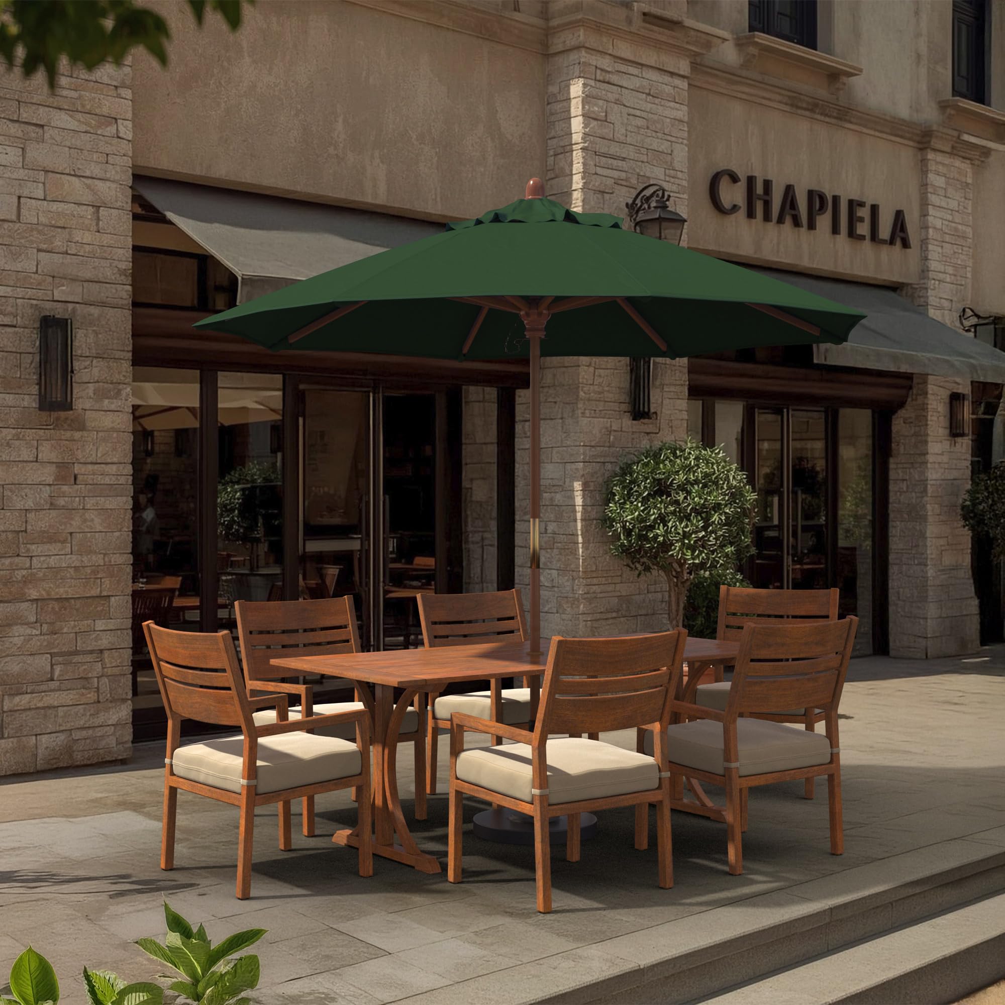 California Umbrella 9' Premium Commercial Hardwood Patio Umbrella, Manual Lift With Pacifica Hunter Green Fabric