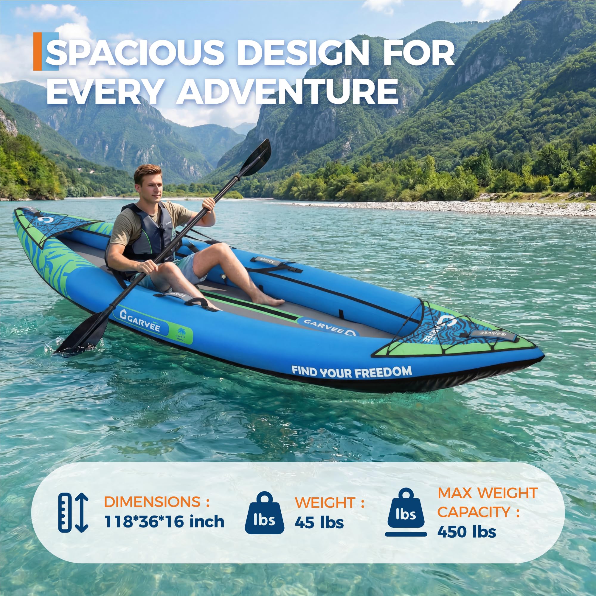 GarveeLife Inflatable Kayak for Adults - 400 LBS Capacity 1-2 Person Blow Up Boat with Paddle, Seat, Pedal, Hand Pump & Storage Bag, Blue/Sky Blue