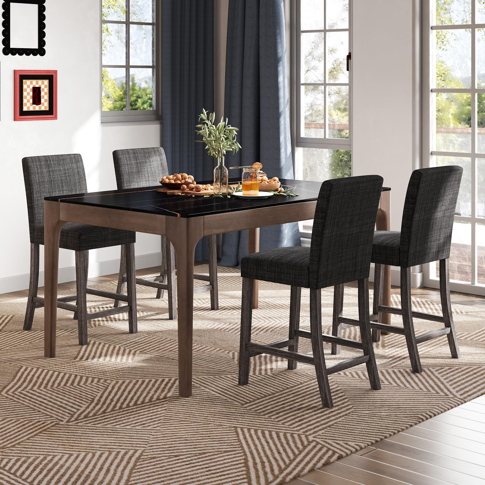 ERGOMASTER Counter Height Bar Stools Set of 4, 24.5'' Fabric Upholstered Barstools Mid Century Modern Island Bar Chairs with Back for Kitchen, Dining Room, Bar, Restaurant, Charcoal Grey