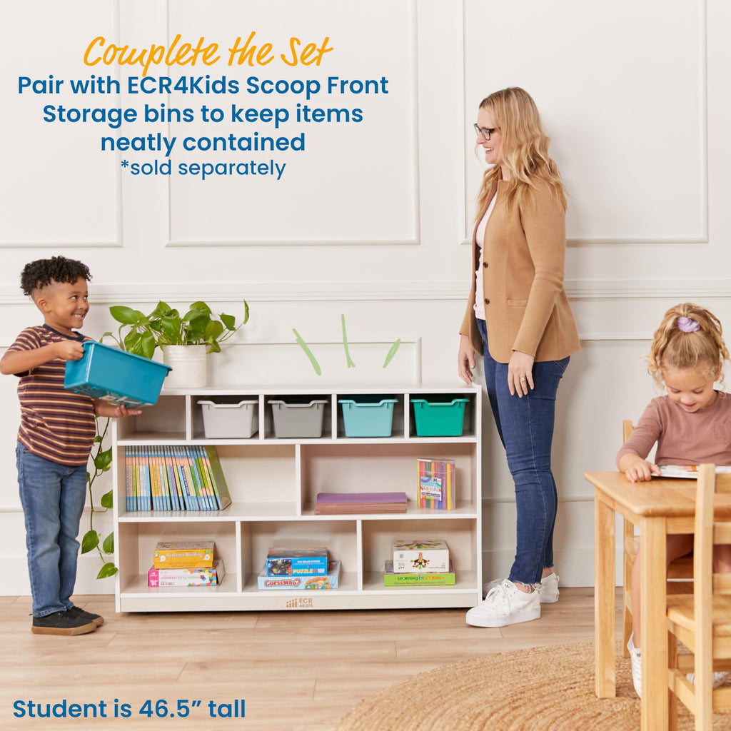 ECR4Kids 5+5 Cubby and Storage Mobile Tray Cabinet, Classroom Furniture, White Wash