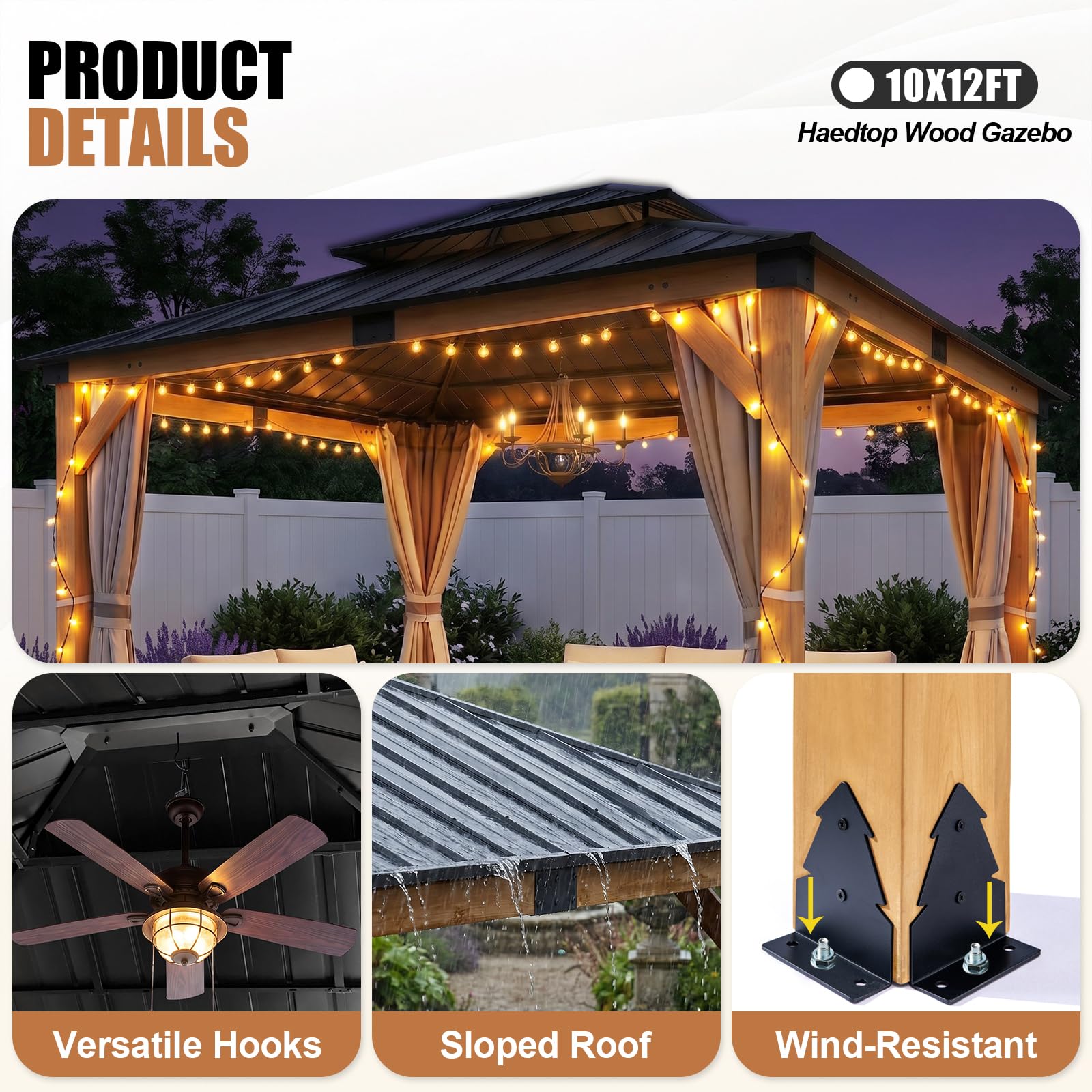 StarEcho 10X12 FT Cedar Wood Hardtop Gazebo, Heavy Duty Wooden Frame Gazebo with Metal Roof, Outdoor Patio Canopy for Backyard, Deck, Lawn & Garden