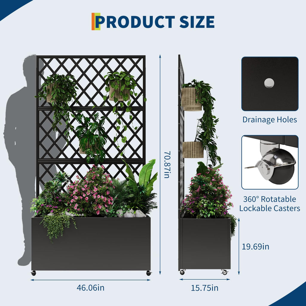 Takywep Mobile Galvanized Steel Raised Garden Bed with Trellis & Privacy Screen – Large Outdoor Planter Box, Lockable Wheels, Drainage Holes – Ideal for Vegetables, Herbs & Vines – Black, 117x180cm