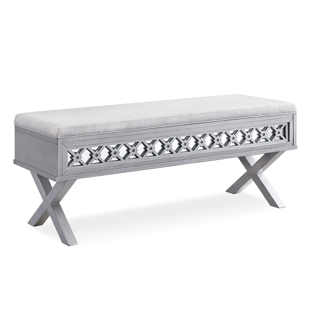 Leick Home 10142-SV Mirrored Diamond Filigree X Base Lift Top Bench with Storage for Bedroom or Foyer, Silver Leaf