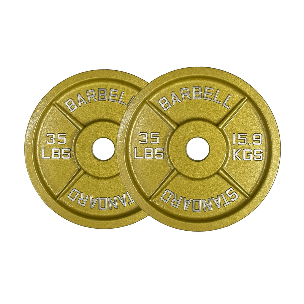 Gold Finish Olympic Steel Plates - Pairs and Sets 2 Inch Barbell Standard in Premium Gold for Weight Lifting (245lb Set)