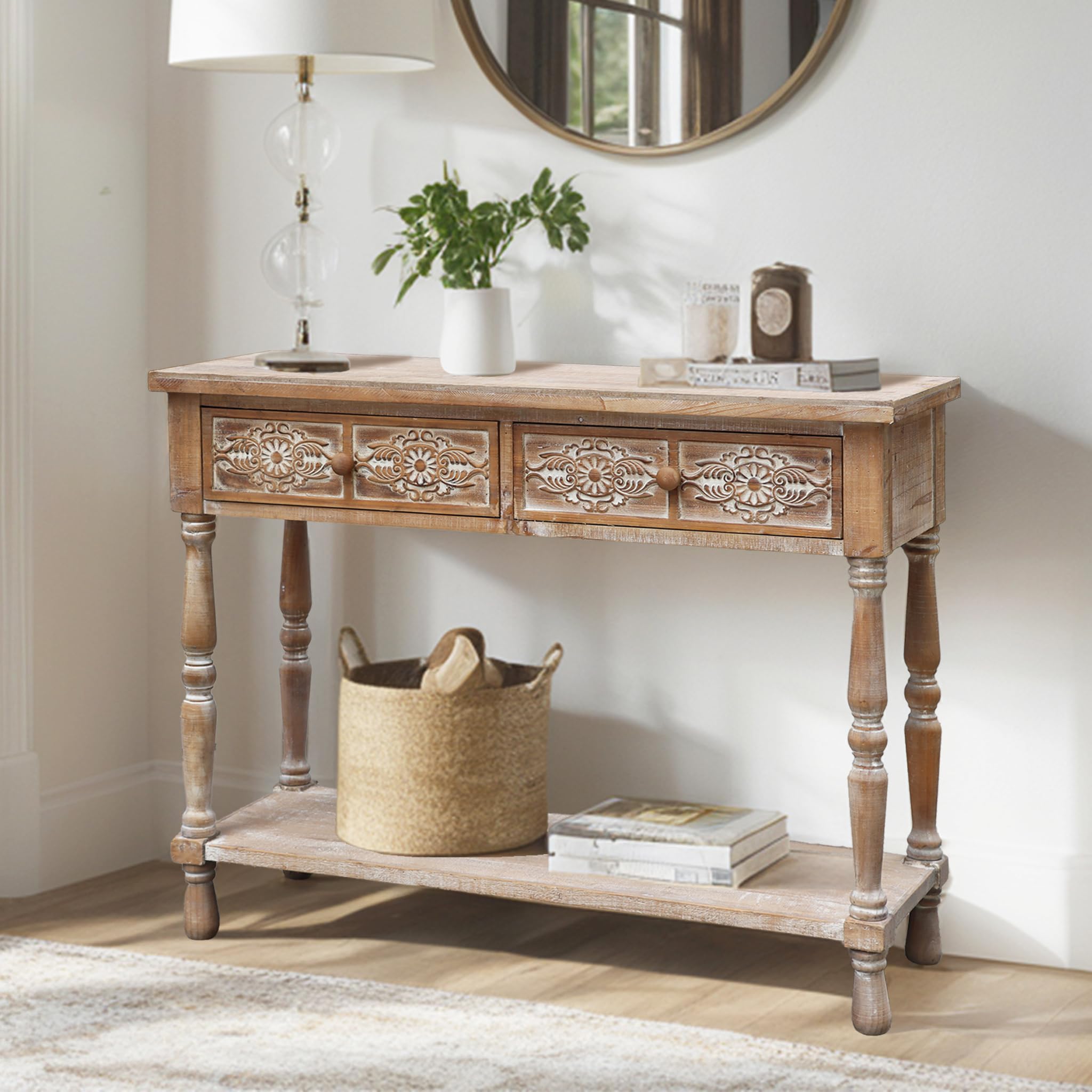 PARISLOFT Vintage Wood End Table with 2 Drawers and 1 Bottom Shelf,Rustic Console Table Storage, Accent Entryway Table Furniture,Antique Brown,42”Wx32”H