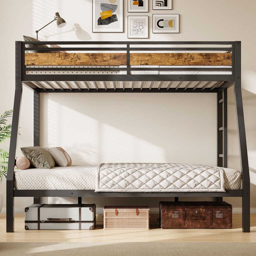 Feonase Bunk Beds Twin Over Full Size, Heavy Duty Metal Bunk Beds with Safety Guardrail & Ladders, Steel Loft Bed Frame for Teens and Adults, Apartment or Dorm, Noise Free & Easy Assembly, Retro