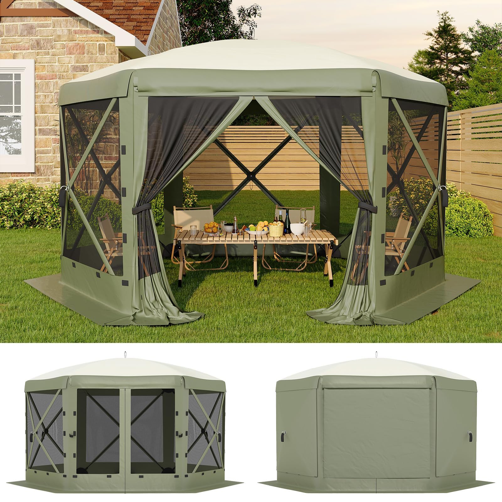 11FT Pop Up Canopy Tent with Mesh Screens – Hexagon Shelter, 6 Side Walls, 210D Polyester, 9.5mm Steel Frame, 230cm Height – Outdoor Camping Gazebo for Beach, Garden, Party, Events