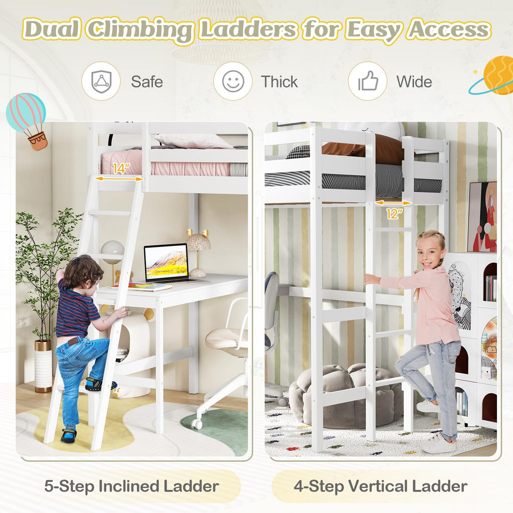 KOMFOTT Twin Loft Bed with Desk, Solid Wood Twin Bed Frame with 2 Ladders, Safety Guardrail for Teenagers, Space-Saving Loft Bed with Wooden Slats Support, No Box Spring Needed (White)