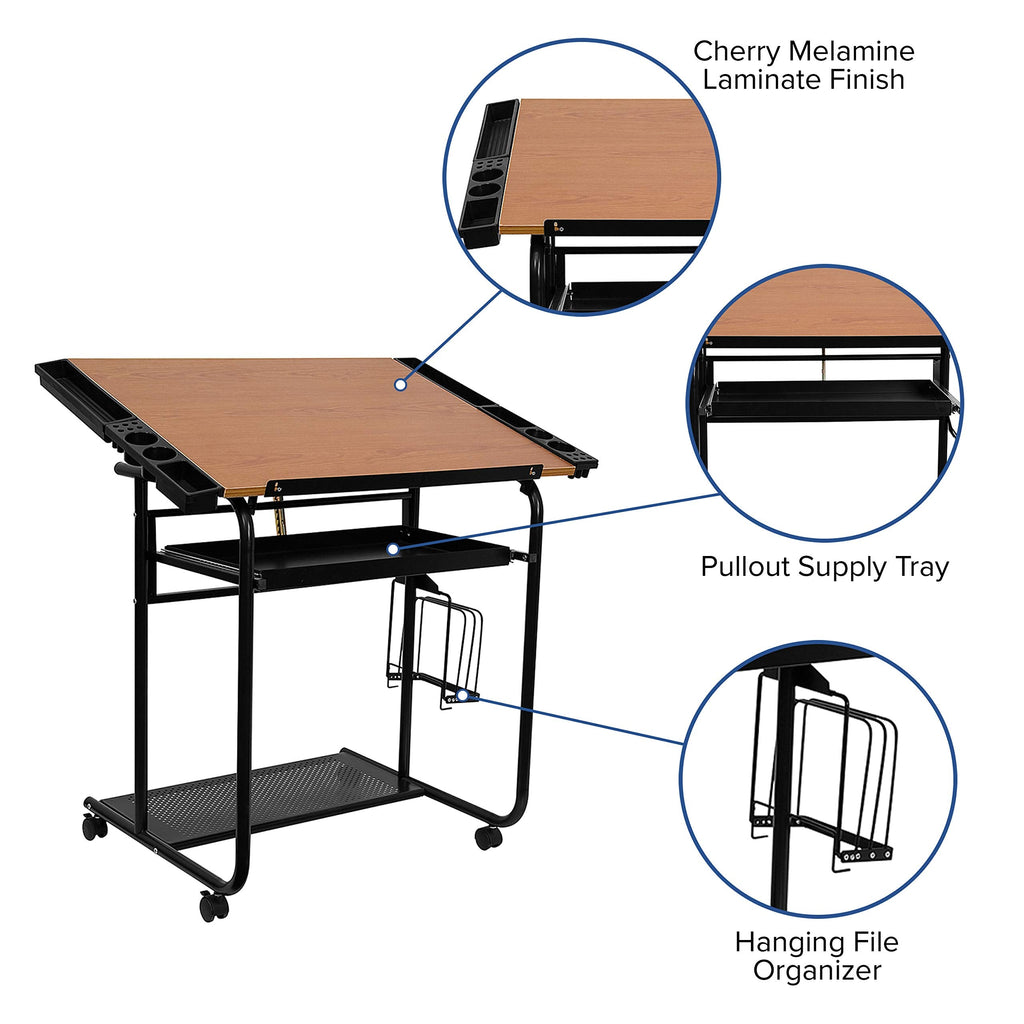Flash Furniture Swanson Adjustable Drawing and Drafting Table with Black Frame and Dual Wheel Casters, Cherry