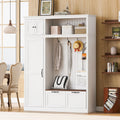 Merax 3-in-1 Hall Tree with Overhead Storage Cabinet, Adjustable Side Shelves,4 Hooks,2 Spacious Drawers,Grooved Back Panel Design, Contrasting Seat Bench,Multifunctional Entryway Organizer, White