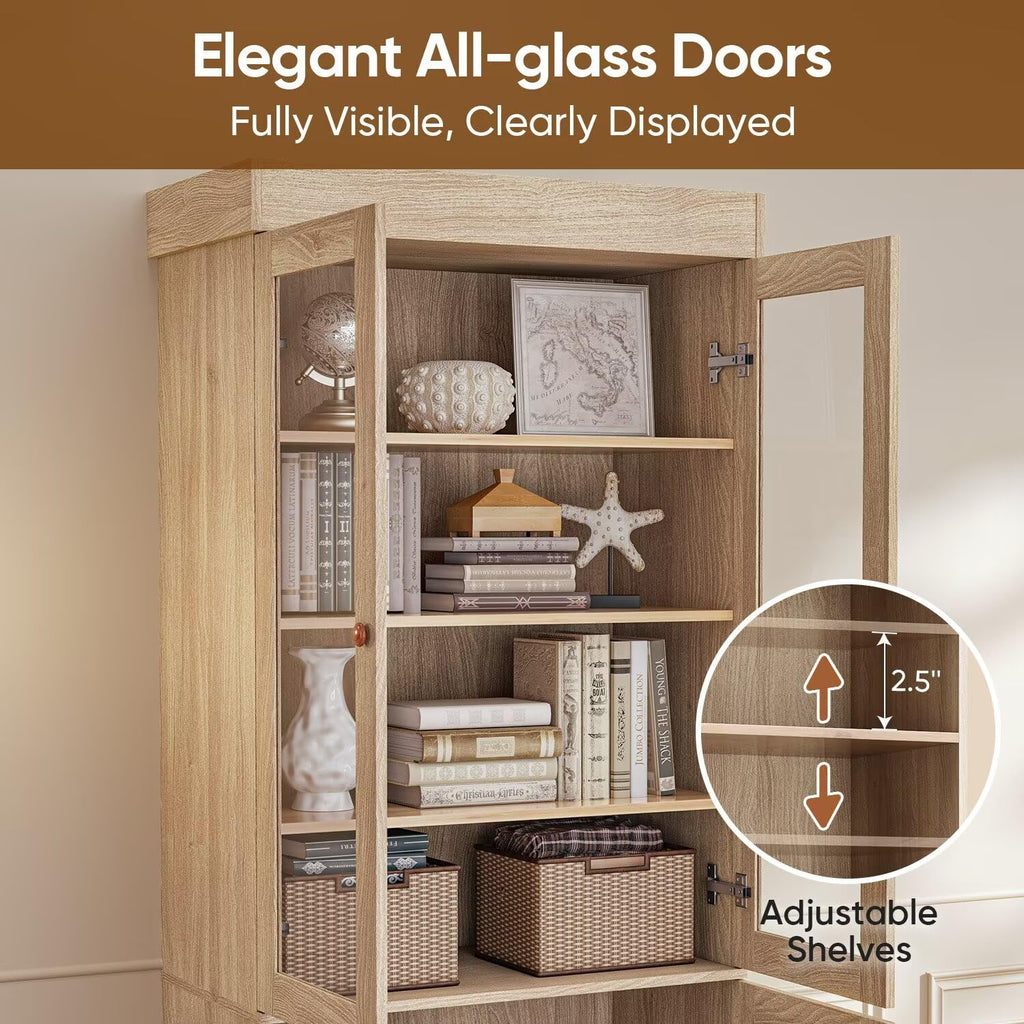 ivaniti 71" Farmhouse Bookcase with Glass Doors & Drawers, Tall Wooden Storage Cabinet with Adjustable Shelves for Living Room, Kitchen, Home Office, Dining Room – Rustic Brown, Set of 4