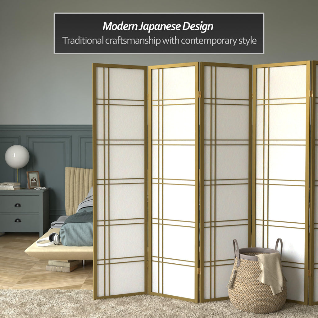 Red Lantern 6 ft. Tall Double Cross Shoji Screen - Gold - 5 Panels
