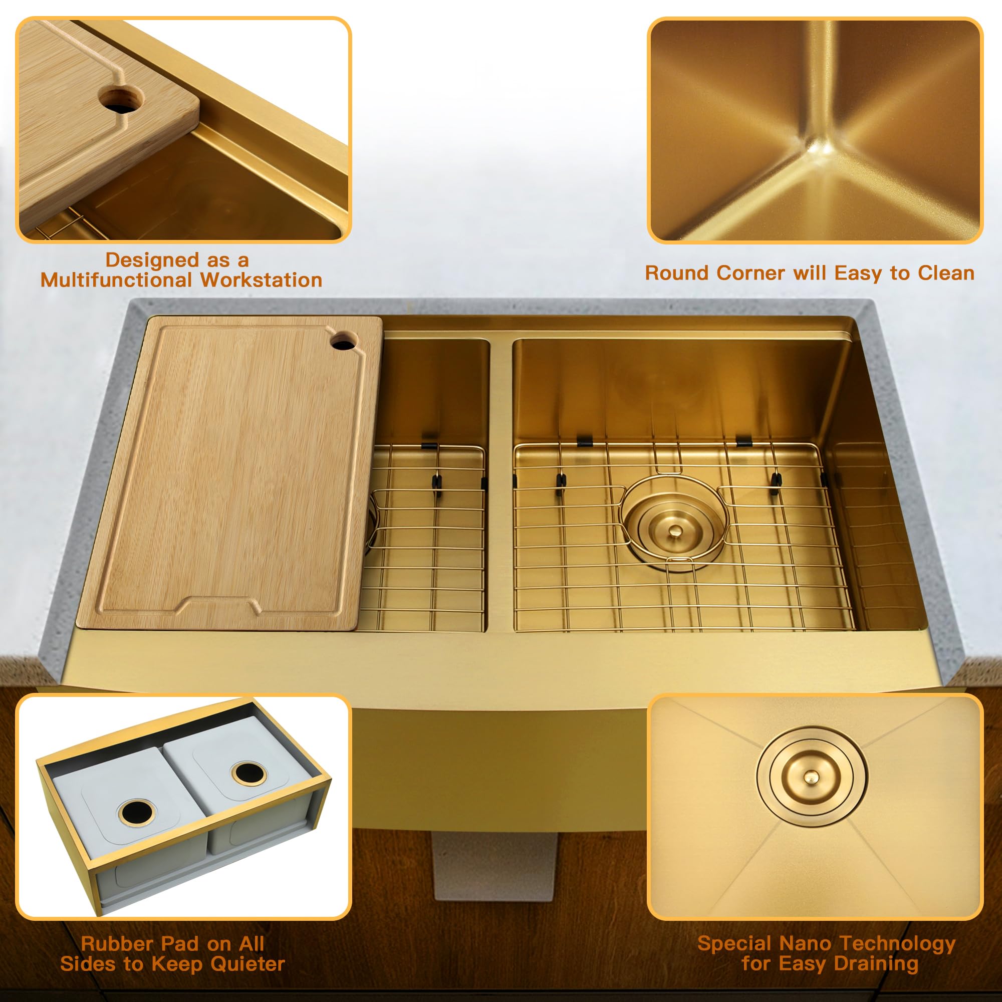 MILOSEN Gold Farmhouse Kitchen Sink, 33x20x10 Inch 50/50 Double Bowl Apron Front Undermount Sink, Gold Stainless Steel Workstation Farm Sinks with Ledge & Accessories, 10'' Deep Handmade Kitchen Sinks