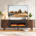 OneBlis 70" Mid Century Modern TV Stand with Fireplace, Fluted Fireplace TV Stand, Entertainment Center with Sliding Door, TV Console with Solid Wood Legs for Living Room, Walnut