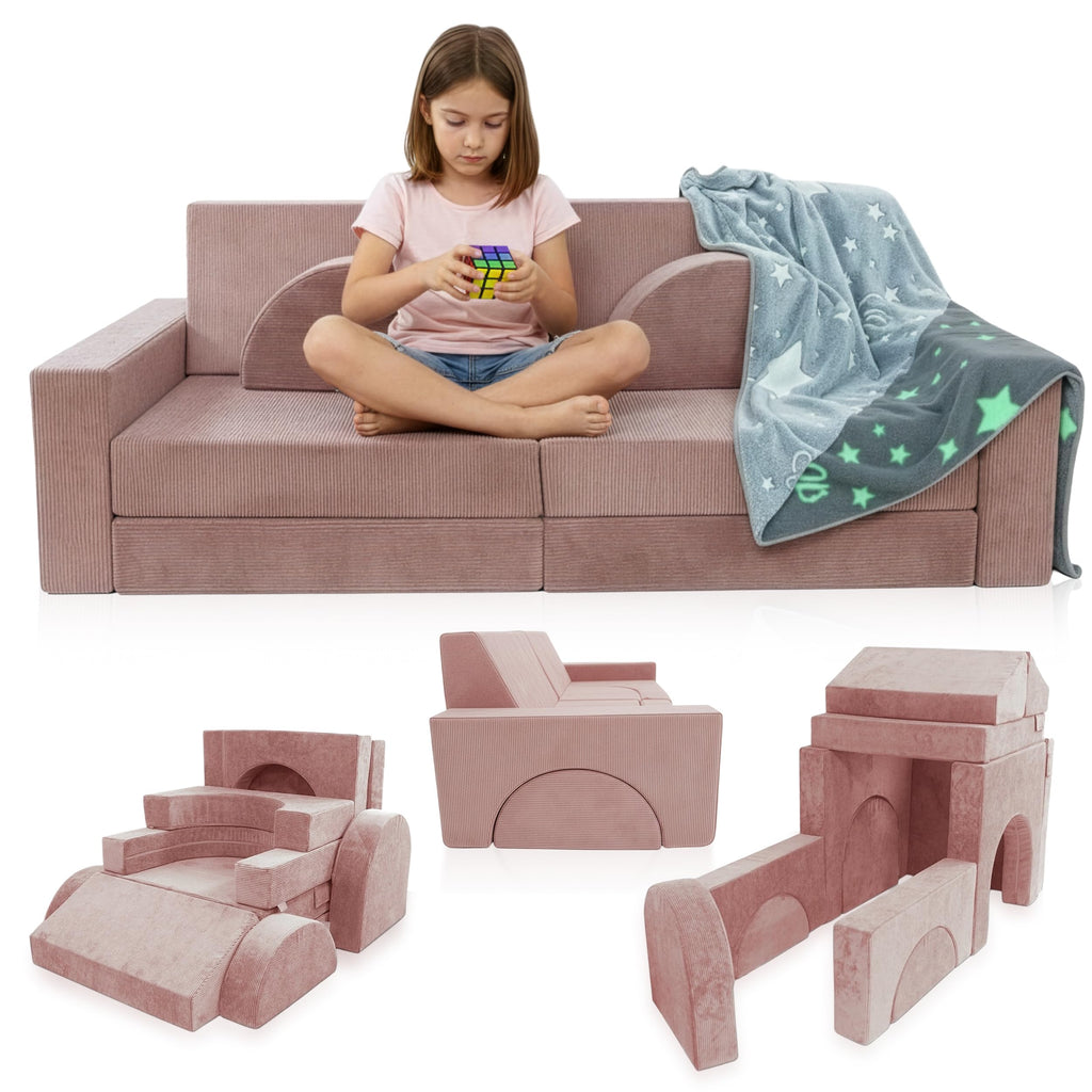 Cubby Couch 12-Piece Modular Kids Play Couch - Soft & Durable Toddler Couch with CertiPUR US Foam, Washable Covers - Playroom Furniture, Kids Sofa for Lounge, Living Room & Playroom - Pink