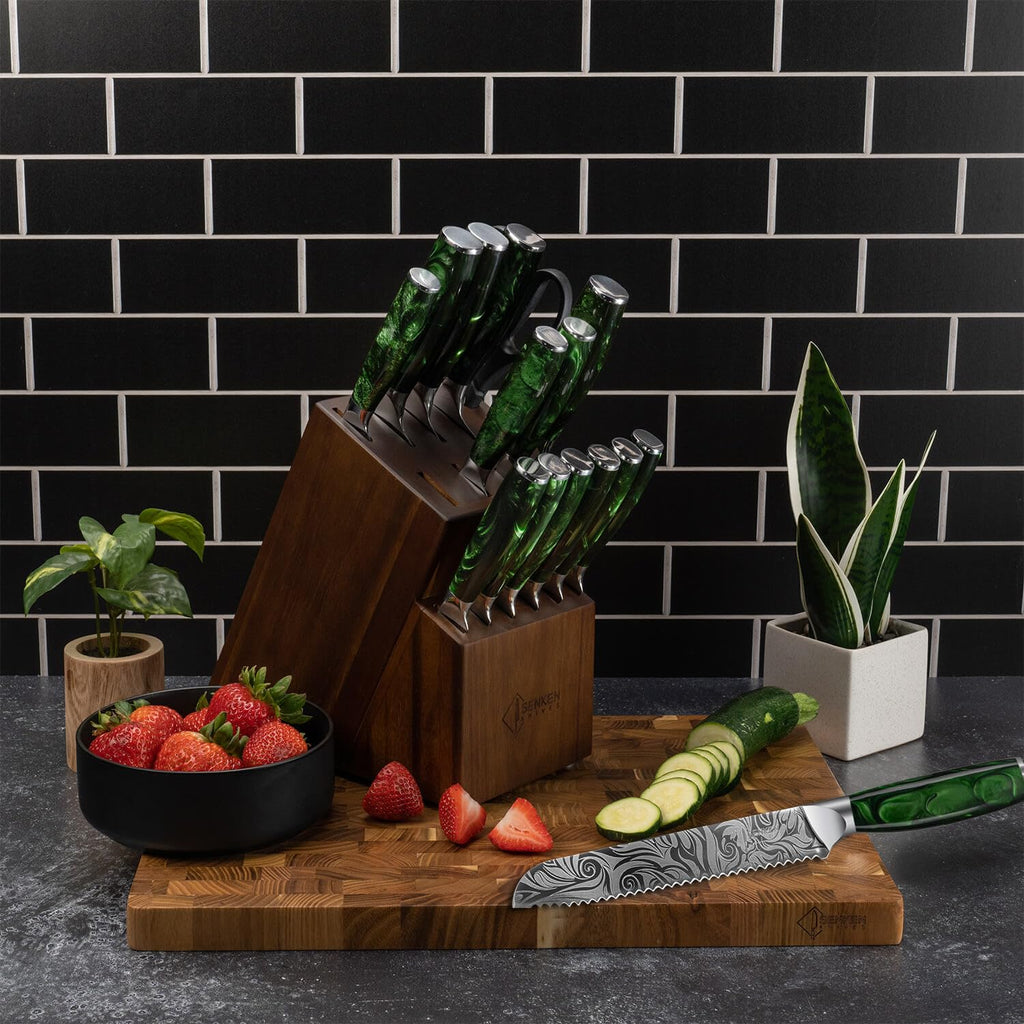 SENKEN Engraved Japanese Kitchen Knife Set with Beautiful Green Resin Wood Handles - Wasabi Collection - Chef's Knife, Bread, Cleaver, Paring, & More (16-Piece Knife Block Set)
