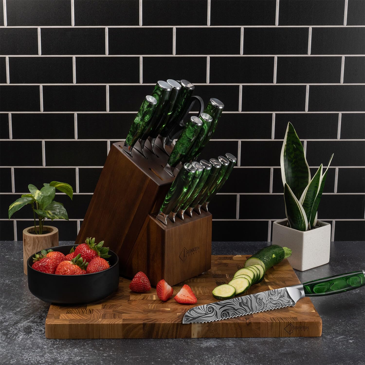 SENKEN Engraved Japanese Kitchen Knife Set with Beautiful Green Resin Wood Handles - Wasabi Collection - Chef's Knife, Bread, Cleaver, Paring, & More (16-Piece Knife Block Set)