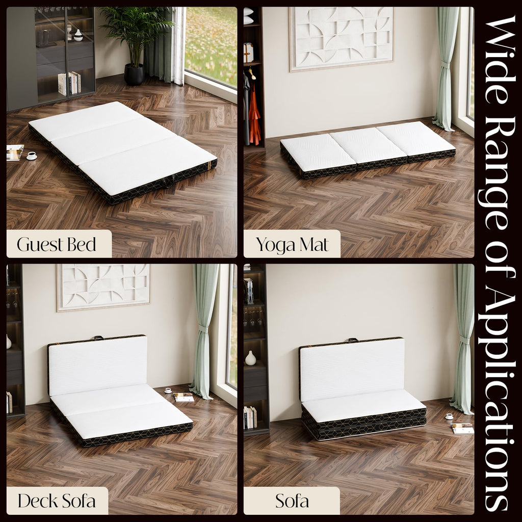 GEMBED Tri-Fold Memory Foam Mattress Queen - 4 Inch Portable Folding Mattress with Handle & Washable Cover, Floor Bed with Non-Slip Base, Space-Saving for Room, Travel, Guest Bed, RV, 78"x58"x4"
