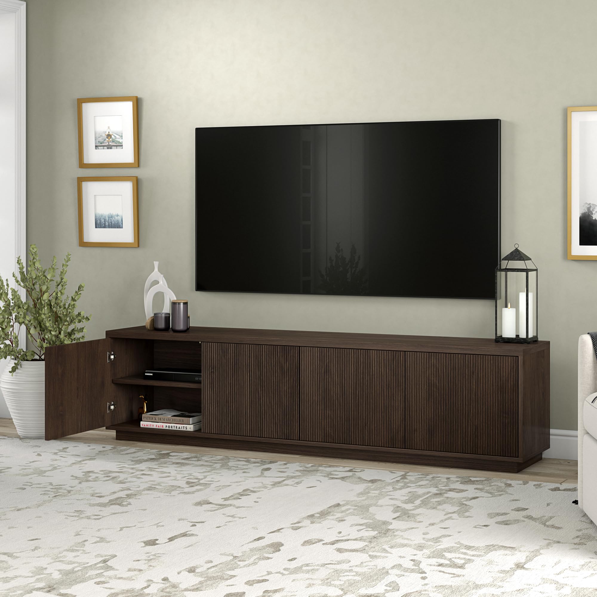 Henn&Hart Fluted TV Stand for TVs up to 85" with 2 Concealed Ribbed Storage Cabinets and Adjustable Shelves for Living Room, Family Room, or Office, Rich Brown