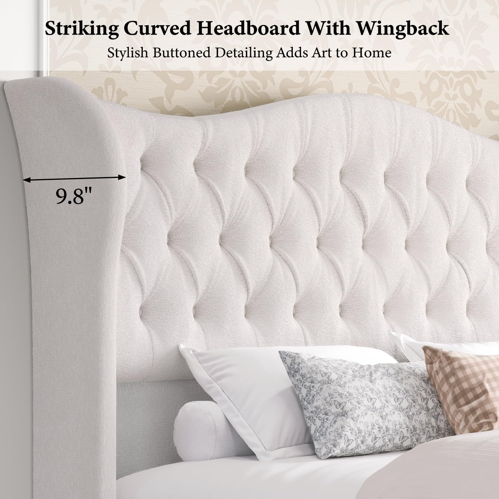 koorlian King Bed Frame,Chenille Upholstered Sleigh Bed with Scroll Wingback Headboard & Footboard,Luxury & Soft Button Tufted Modern King Bed,Easy Assembly,No Box Spring Needed