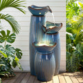 Autodaya 30" H Ceramic Outdoor Water Fountain with LED Lights, 3-Tier Cascading Lotus Bowls Water Feature, Soothing Cascading Waterfall for Garden, Patio, Yard, Turquoise Vertical Striped Texture
