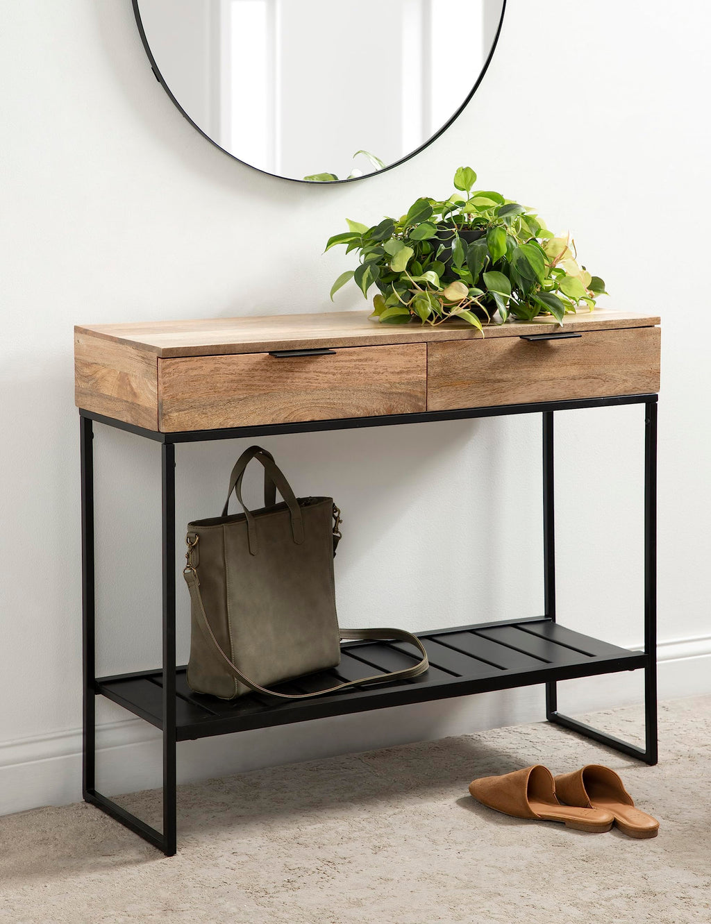 Kate and Laurel Malone Modern Wooden Console Table with Metal Shelf, 36 x 13 x 31, Natural Brown and Black, Transitional Wood Entryway Table with Storage Shelf Below