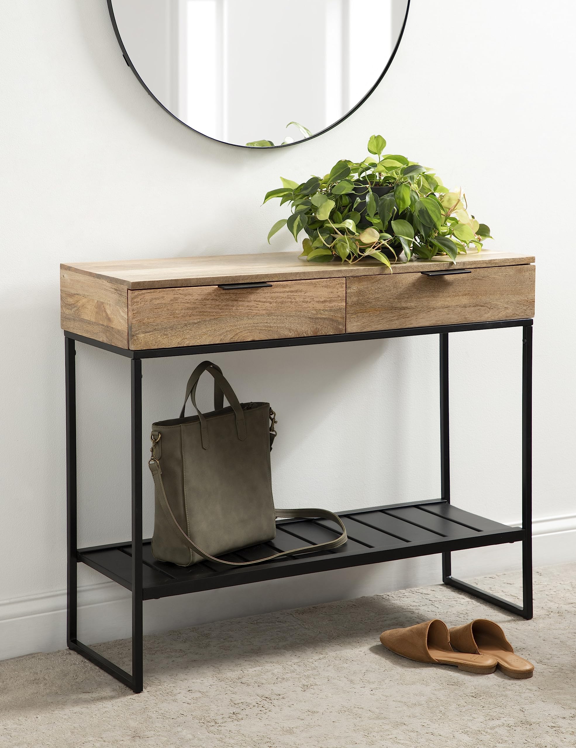 Kate and Laurel Malone Modern Wooden Console Table with Metal Shelf, 36 x 13 x 31, Natural Brown and Black, Transitional Wood Entryway Table with Storage Shelf Below