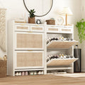 Shoe Organizer Cabinet Storage for Entryway - Slim Rattan Shoe Rack for Front Door Entrance, Narrow Hidden Shoe Cabinet with Flip Drawers, Boho Shoe Holder Cabinet，Two Doors, White, Set of 2