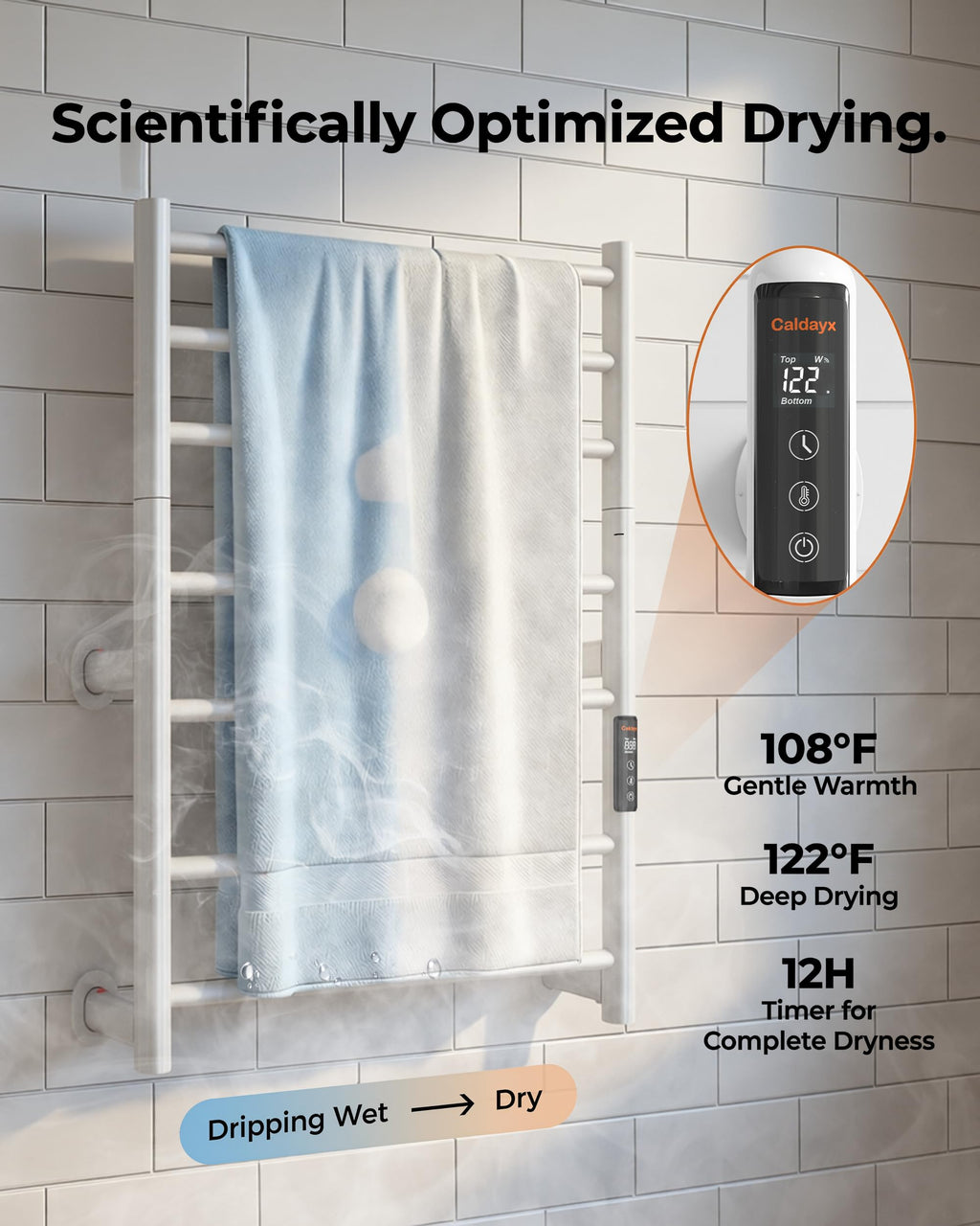 Caldayx Foldable Heated Towel Rack, Dual-Zone Electric Towel Warmer Rack with Timer, GFCI Plug-in or Hardwired, Wall-Mounted, Drill-Free Installation, Matte White, CA3-700X550-Standard-MW